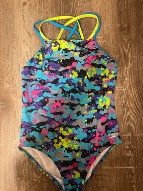 Speedo Girls' Neon Splatter One-Piece Swimsuit - Blue/Pink/Yellow girls size 14